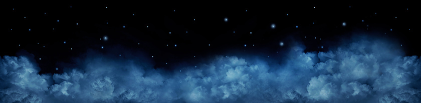Black dark blue white starry cloudy night sky background. Above the clouds. Moonlight. Stars. Outer space universe infinity cosmos. Design. Dream. Christmas. Panorama. Wide.