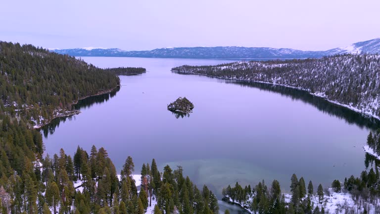 Aerial drone view of Emerald Bay, Lake Tahoe, California pink golden hour