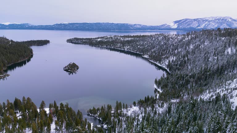 Aerial view of Emerald Bay scenic outlook in winter, Lake Tahoe, California