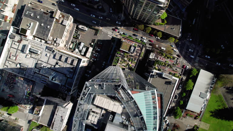 Vertical Aerial View of City Buildings Rooftops