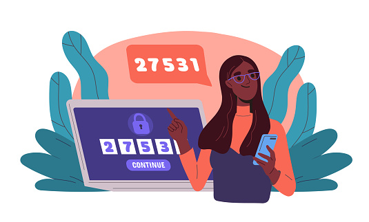 Woman with a laptop and smartphone, handling digital security with a one-time password. Vector illustration