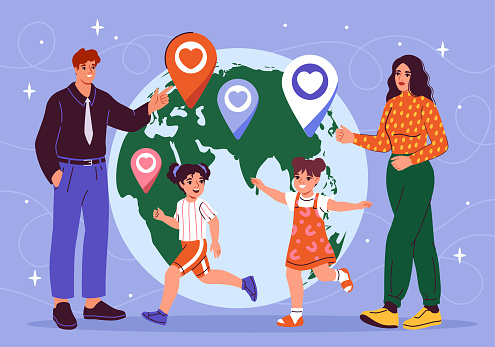 Family with two children playing around a stylized globe with heart icons, on a purple background, concept of love and global unity. Flat vector illustration