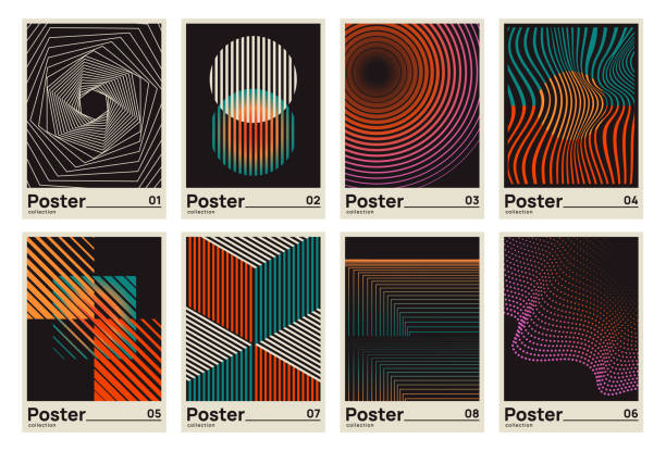 Vector Set of Bauhaus Posters Set of Bauhaus Posters. Abstract minimalist covers or illustrations with geometric elements and optical illusions. Modern Swiss design. Cartoon flat vector collection isolated on white background illusion pattern circle image created 1960s stock illustrations