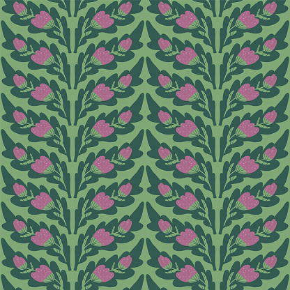 Violet wildflowers seamless pattern. Floral endless background. Botanic repeat cover. flowers and foliage. Vector flat hand drawn illustration.