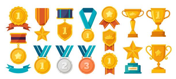 Vector Set of trophies Set of trophies. Collection of icons with gold, silver and bronze medals and cups for winners. Award to celebrate victory or success. Cartoon flat vector collection isolated on white background winners cup icon stock illustrations