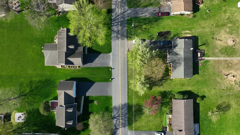 Quaint small village in American during sunlight in spring season. Green grass in straight rural street in USA. Aerial top down shot.