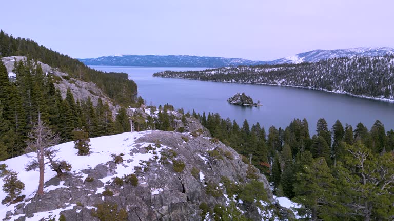 Aerial view of Emerald Bay lookout rock scenic piont in winter, Lake Tahoe, California