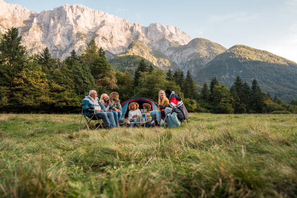 Multiethnic Family Enjoying Camping Trip in Mountains