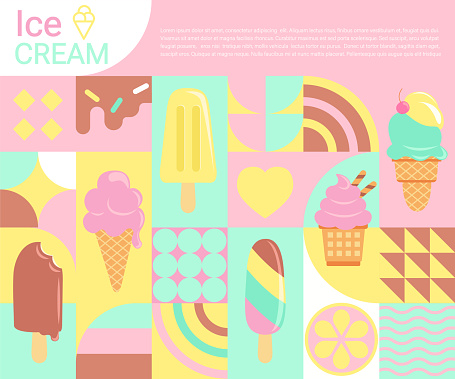 Ice creams flyer, poster in geometric flat style. Sweet summer delicacy,sundaes,gelatos with different tasties,ice-cream cones.Vector illustration template for your design, banner, web,design,print.