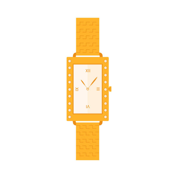 Expensive wristwatch with gold bracelet, rectangular dial with Roman numerals and hands Expensive wristwatch with gold bracelet, rectangular dial with Roman numerals and hands vector illustration watch cartoon gold illustration and painting stock illustrations