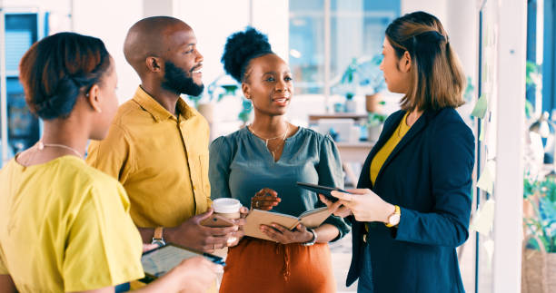 istock Team, tablet and business people with idea in discussion, meeting and creative solution for startup project. Teamwork, diversity and men and women on tech for brainstorming, collaboration or planning 2149903962