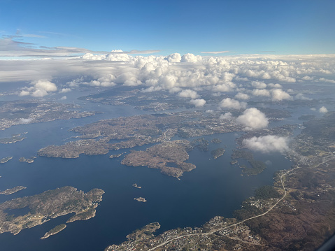 Aerial view of coastal fjord scenery of the west coast of Norway close to the city of Bergen