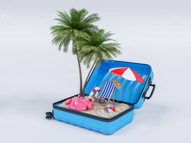istock Summer holiday with beach chairs, umbrella, hat, camera coconut tree and beach accessories on Travel luggage. Summer vacation concept for travel agency advertise represent. 3d rendering 2149906349