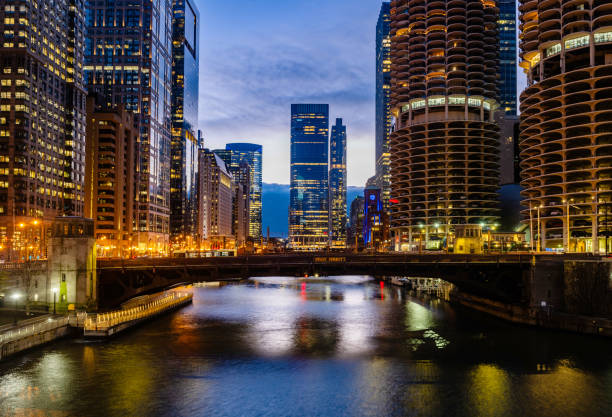istock Downtown Chicago Riverwalk View at Dusk 2149906466