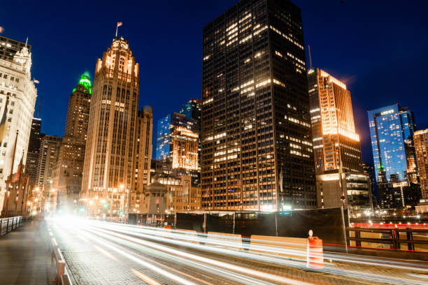 Downtown Chicago City Streets with Motion Blurred Lights from Traffic