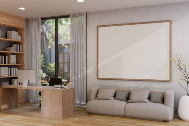 istock A beautiful contemporary private office or home office featuring a computer desk and a couch. 2149910099