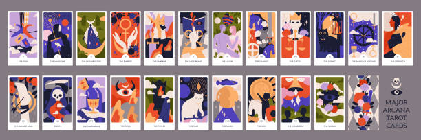ilustraciones, imágenes clip art, dibujos animados e iconos de stock de conjunto vectorial de cartas del tarot de los arcanos mayores - tarot-deck
