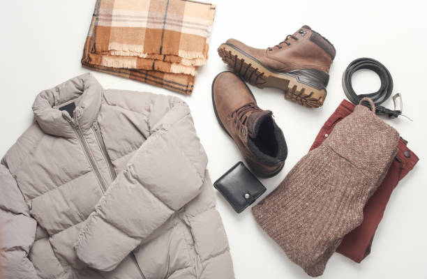 istock Men's winter clothing on a white background. Flat lay. Top view 2149914602
