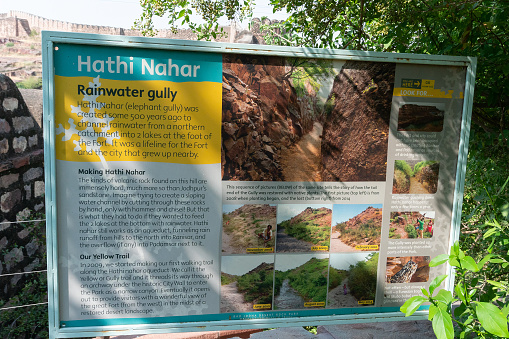 Hathi nahar, Elephant gully or Rainwater gully to channel rainwater to Ranisar and Padamsar lakes of Mehrangarh fort, at Rao Jodha Desert Rock Park, Jodhpur, Rajasthan, India.