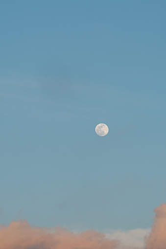 Sky view of the moon during a pink sunset after a rainy week