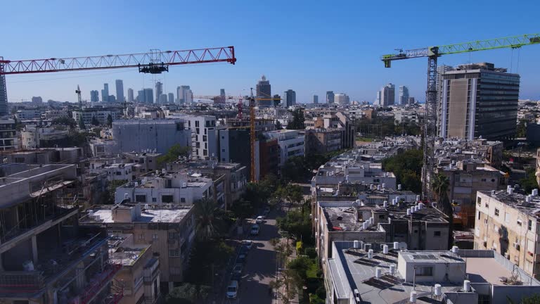 Tower Crane On The City Along David Bloch Street In Tel Aviv Israel. Aerial Shot
