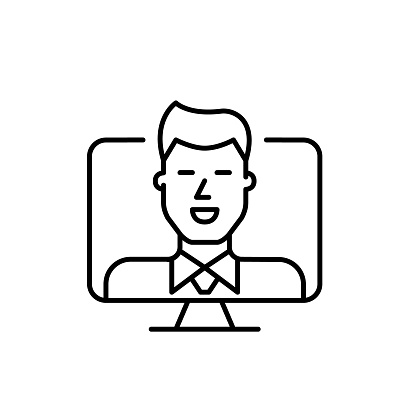 Smartly dressed man with tie. Remote job interview through video call. Pixel perfect, editable stroke vector icon