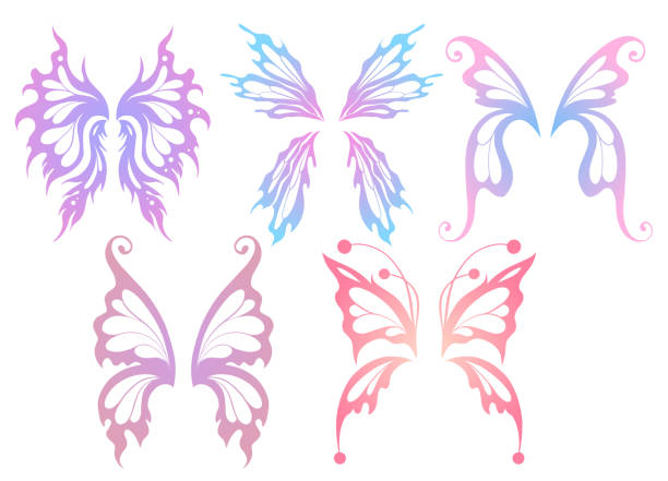 Vector set of butterfly wings clipart isolated from background. Fantasy collection of fairy wings in delicate gradient colors Vector set of butterfly wings clipart isolated from background. Fantasy collection of fairy wings in delicate gradient colors for stickers and sublimation butterfly purple blue isolated stock illustrations