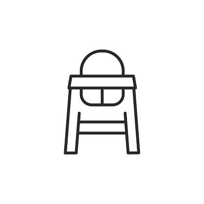 Baby high chair icon. A minimalistic outline of a high chair, essential for baby feeding times and designed for safety and convenience. Appropriate for baby furniture retailers. Vector illustration