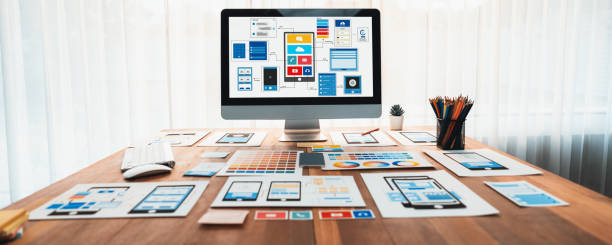 Digital wireframe design for web or mobile app UI on laptop. Scrutinize