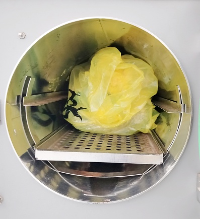 Infectious waste is sterilized in an autoclave