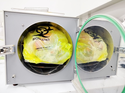 Infectious waste is sterilized in an autoclave
