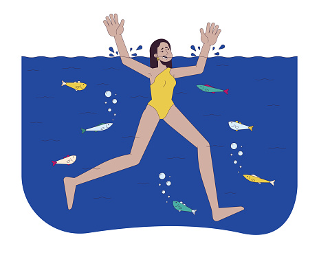 Arab woman drowning in river line cartoon flat illustration. Young female going under water 2D lineart character isolated on white background. Dangerous situation at swimming scene vector color image