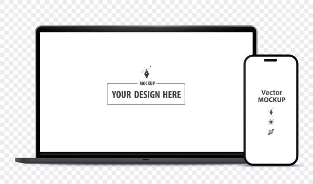 ilustrações de stock, clip art, desenhos animados e ícones de mobile phone and laptop computer mockup. digital devices screen template vector illustration with transparent background. - computador portátil