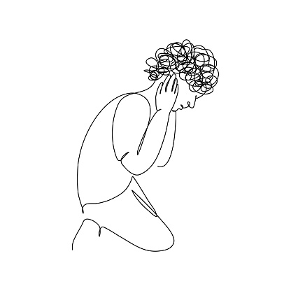Continuous line art of a man kneeling and hands over ears with stress and anxiety in PTSD concept, editable stroke.