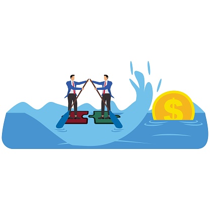 The concept of finding a solution or completing the final puzzle, attracting business or finding partners, two businessmen standing on the puzzle and paddling to find the missing pieces of the puzzle