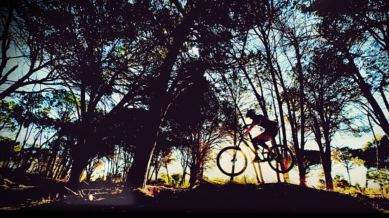 Mid air Back lit young male Mountain biker silhouette in a forest at sunset, Stellenbosch, South Africa