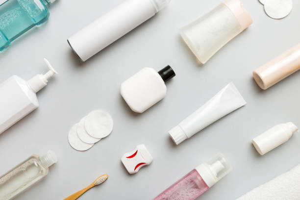 istock Mockup for bathing products top view flat lay, spa razor, toothpaste, soap, gel and other various accessories. Cosmetics for skin health. Bath Mockup for your logo 2149927871