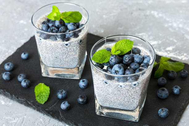 istock Healthy breakfast or morning with chia seeds vanilla pudding and blueberry berries on table background, vegetarian food, diet and health concept. Chia pudding with coconut milk and blueberry 2149927885