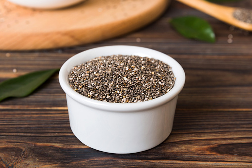Chia seeds in bowl and spoon on colored background. Healthy Salvia hispanica in small bowl. Healthy superfood.