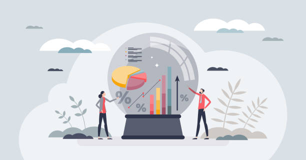 Predictive analytics and future business data modeling tiny person concept Predictive analytics and future business data modeling tiny person concept. Insight, forecasting and calculation for company potential sales and financial information research vector illustration. artists model stock illustrations