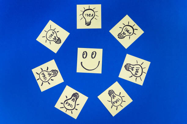 istock Smiley face surrounded by Light bulbs drawn on sticky notes. Idea, inspiration and creative thinking 2149928576