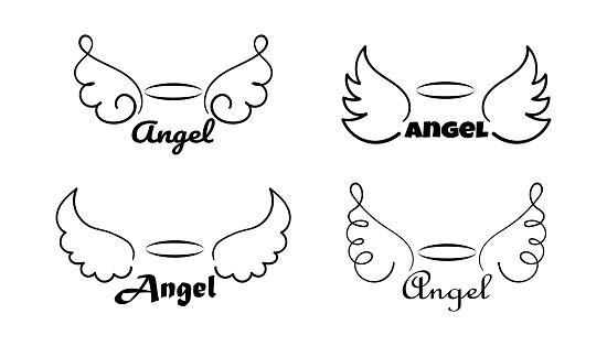 Collection of Wings and  Angel lettering with aureole. Doodle hand drawn sketch icons. Wing and halo nimbo sketch tattoo contour. Set of Vector illustration isolated on white background