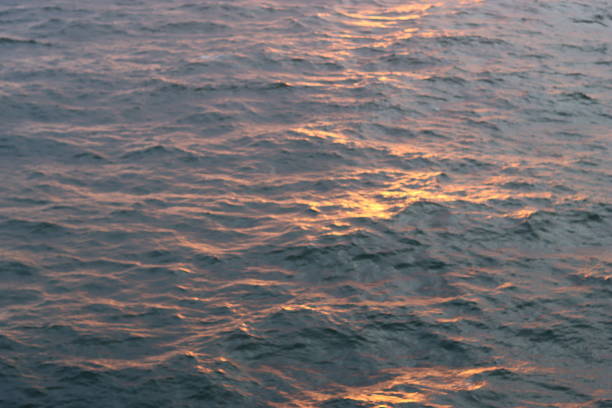 Dawn at sea, with waves tinged with golden sunlight