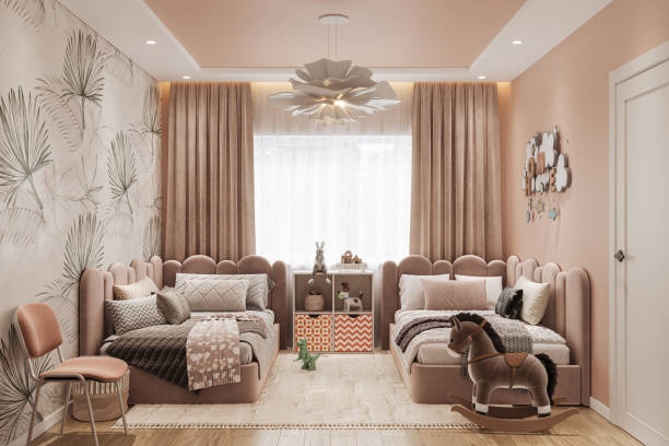istock Interior of childroom in soft pastel colors with two beds, 3d render 2149931180