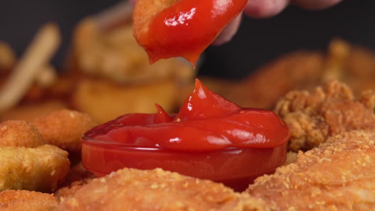 Hand dips crunchy fried onion rings into tomatoes sauce in macro. Footage for advertise fast food, takeaway junk food, roadside cafe, supermarket display, food truck, street food
