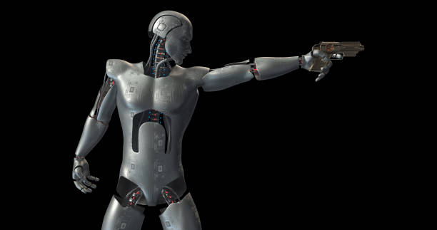 istock Powerful Soldier Robot Shooting His Fire Arm. Alpha Channel. 2149932931
