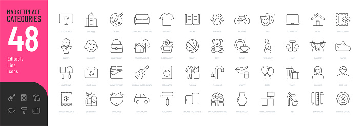 Vector illustration in modern thin line style of e-commerce related icons: household goods, electronics and household appliances, clothing, and more. Pictograms and infographics for mobile app