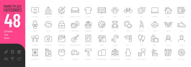 Marketplace Categories Line Editable Icons set. Vector illustration in modern thin line style of e-commerce related icons: household goods, electronics and household appliances, clothing, and more. Pictograms and infographics for mobile app categories vector stock illustrations