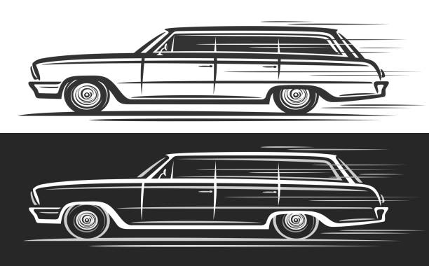 Vector logo for Classic Estate Car, automotive decorative banners with contour illustration of monochrome elegant estate car in moving, running clipart big station wagon on black and white background