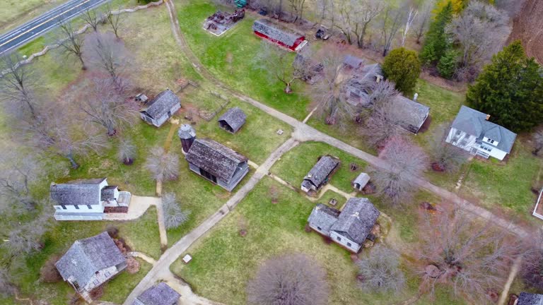 aerial flyover of an 1800s pioneer town (Wisconsin)